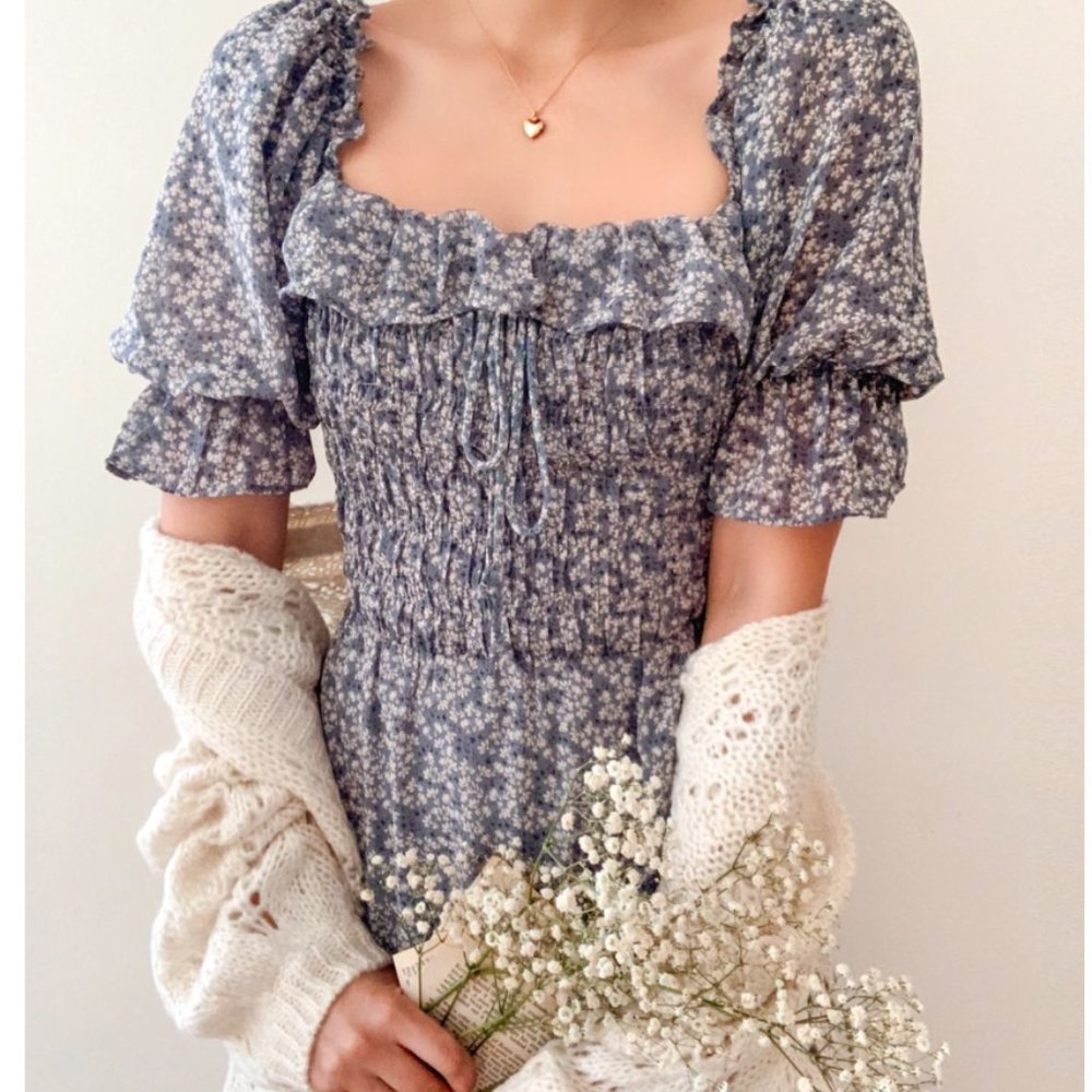 Blue Floral Midi Romantic Dress